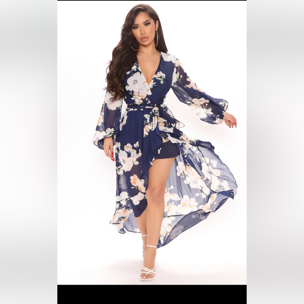 Floral dress navy with tie